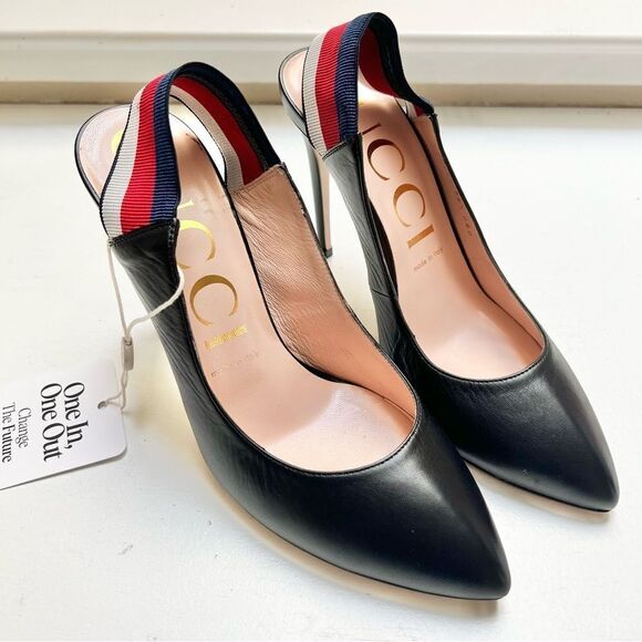 Gucci SYLVIE WEB LEATHER SLINGBACK HEELS PUMPS IN BLACK EU 38.5 EUC MSRP $795 - Picture 1 of 10